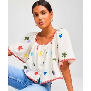 Caroline Constas Floral Embroidered Top Blouse Square Neck Button Down Medium